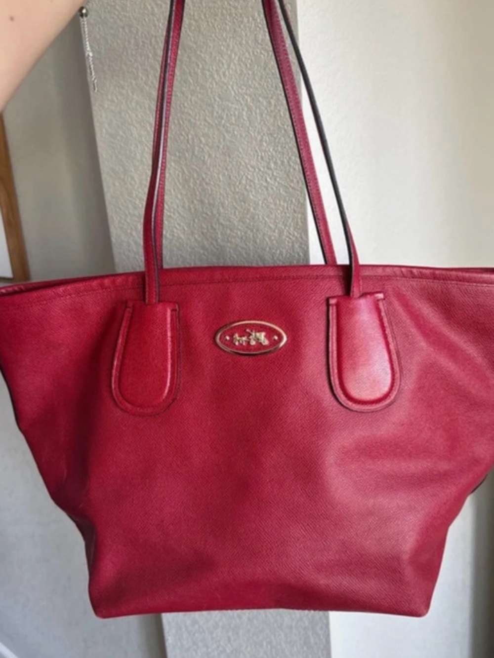 Coach Red Leather Tote with Gold Logo Plaque